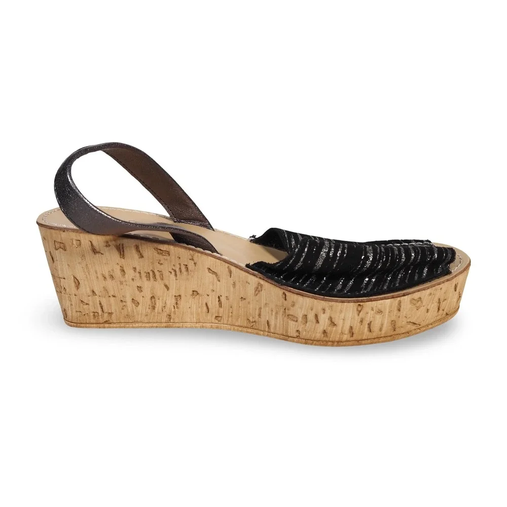 Senda Road Platform Cork Wedge Sandals Women's 9/40 Black Silver Slingback